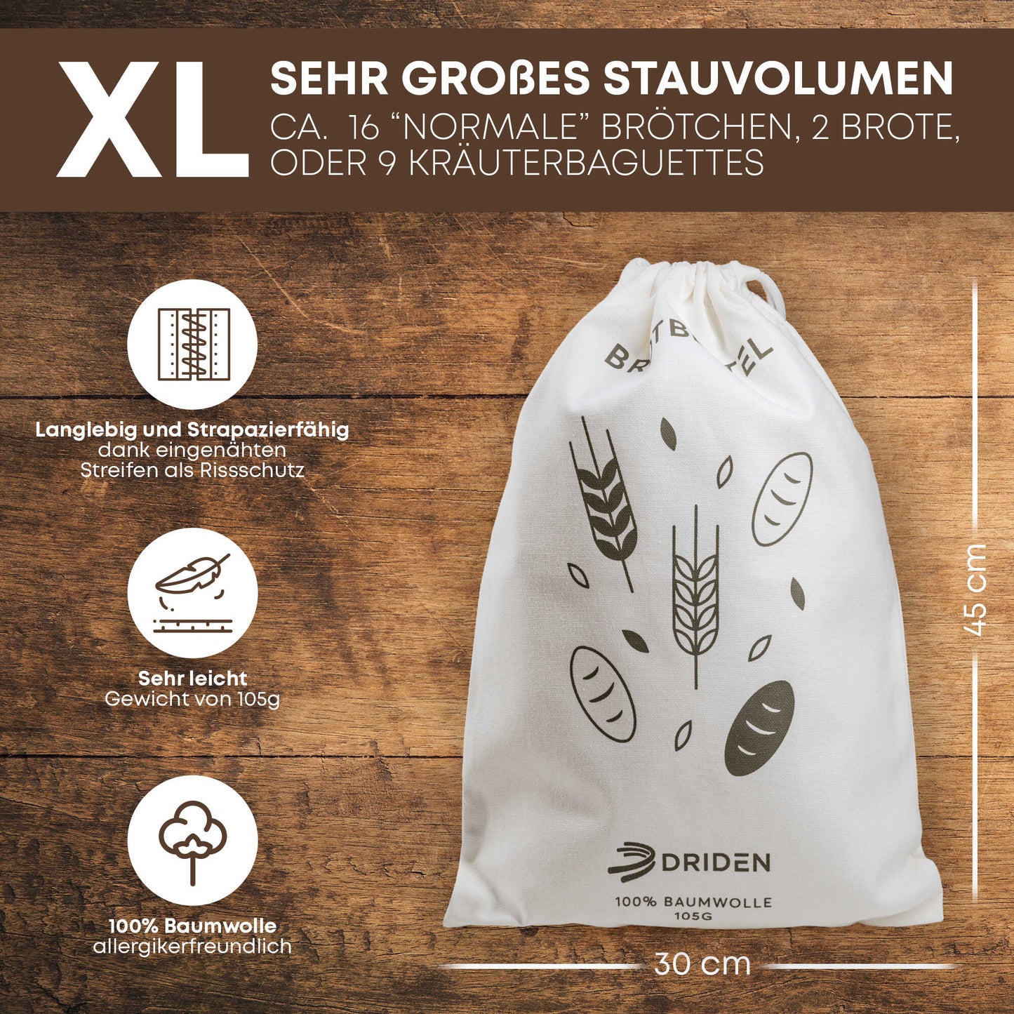 Brotbeutel XL [3er Set] aus 100% Natur Baumwolle